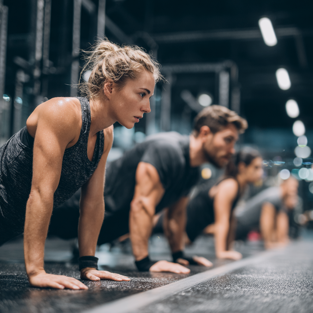 Smiling middle-aged Slovak woman performing functional movement exercise outdoors in natural setting